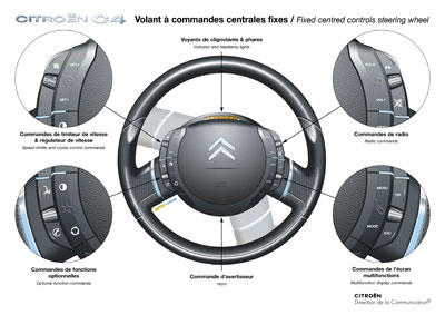 INNOVATIONS FOR ON-BOARD COMFORT AND RELAXED DRIVING The interior of the C4 boasts a host of innovations in driving ergonomics, life on-board and functional convenience. In addition, the C4 is also available with an array of high-tech communication equipment. DRIVING ERGONOMICS The C4 features a dashboard of clean design lines with a fixed-centred controls steering wheel that places driving aids within easy reach of the driver. At the same time, some of the instruments are positioned in the centre of the dashboard so that the passengers can contribute to the ride. With the C4, onboard comfort means safety and well-being. The multifunctional fixed-centred controls steering wheel The fixed centre of the steering wheel features the main comfort functions and driving aids. This layout places the emphasis on ergonomics and easy use, thus promoting driving pleasure. Easy operation The main characteristic of the C4 steering wheel is its fixed hub. The centre of the wheel no longer turns with the rim. The technical principle is simple: a toothed ring linked to the steering wheel engages an inner pinion, itself linked to the steering column. The space between the ring and the pinion is used to couple the fixed components: the steering wheel hub and the steering column mounting. A host of advantages The multifunctional fixed-centred controls steering wheel offers the following advantages: o controls are grouped in the centre of the steering wheel, thus freeing up space on the dashboard, and giving it a simpler, uncluttered look; o significant improvements in ergonomics, since the controls are grouped in a stable and easily accessible position, so that the driver does not have to take his hands off the wheel; o as the controls are on the steering wheel, they remain easily visible, even at night, thanks to the use of illuminated pictograms; o in terms of safety, the fixed-centre design of the steering wheel makes it possible to install a shape-optimised driver airbag for improved driver protection. Balanced distribution of controls The controls are split into four different areas, each with four buttons and a knob: o the top right-hand area groups the radio controls, with volume and station settings, the memorised station search function, and the mute function; o the bottom right-hand area provides access to the multifunction screen, with - in particular - the on-board computer and the NaviDrive navigation system; o the top left-hand area is dedicated to the speed limiter and cruise control. If the driver opts for one of these driving aids, a pictogram will appear on the translucent instrument cluster, showing the mode selected and the programmed speed; o the bottom left-hand area groups the controls for vehicle options. For example, the voice control of the NaviDrive navigation system, the telephone controls, the driver-configured button offering �black panel� lighting as the default function, or the air recycling function. The horn is on the lower part of the steering wheel. Conventional driving functions (lighting and wiping) maintain their usual layout, with standard stalk switches. Driver-dedicated steering-wheel display Driving information intended specifically for the driver is displayed immediately in front of him. This is the case, for example, of the rev counter, the indicator and headlamp settings, and the mode/gear speed selected on versions equipped with an automatic gearbox. The background of the rev counter turns red to show that the engine has reached its maximum speed. Fitted on the steering column, this display unit moves with the steering wheel to remain easily legible at all times. A dashboard designed to promote relaxed driving and shared information The clean, soft lines of the dashboard create an uncluttered look that is relaxing on the eye. Enhancing this effect, curves and relief are kept to a minimum. The choice of colours and materials reflects the same approach to design. The dashboard is designed to share information, in the same way as on a people-carrier. The centre features three display units: o a translucent instrument cluster, o a multifunction screen with the on-board computer and NaviDrive navigation system, o an air-conditioning display unit for vehicles equipped with automatic air conditioning. The central translucent instrument cluster The instrument cluster displays information on a translucent strip located in the centre of the dashboard. Clear information The translucent instrument cluster provides the following information: o vehicle speed, o petrol gauge and range, o water temperature o total and partial mileage, o information on the oil level, o speed settings for the cruise control and speed limiter, o maintenance indicator. Indicators corresponding to the child safety function, the seatbelt warning lights for the five seats, and ESP disablement are displayed on either side of the translucent instrument cluster. Perfect legibility As the instrument cluster is located in the centre of the dashboard, the translucent strip captures the light perfectly. As the display contrast adjusts instantly to the light, legibility is perfect in all circumstances, by day and night, in full sunlight or in darkness. LIFE ON BOARD The cabin of the C4 is designed to optimise passenger comfort. The cabin layout, the ergonomics and characteristics of the seats and the soundproofing - essential vehicle qualities - have all been addressed in such a way as to create a relaxing interior ambience. In addition, the C4 features a range of equipment to create a feel-good ambience, such as the glazed panoramic roof and the scented air freshener. The scented air freshener A scented air freshener, styled to match the dashboard design, also contributes to the relaxed onboard atmosphere. A choice of nine fragrances The air freshener is available with a choice of nine fragrances: Citrus and Passion, Amber and Sandalwood, Cinnamon and Ginger, Lotus flower, Vanilla, Jasmin and Mimosa, Soft Lavander, Mint and Musk, Ylang and Bamboo. All these fragrances were developed by Robertet, a company specialising in the creation of perfumes. Customers will receive a kit with three fragrances (Vanilla, Mint and Musk, Ylang and Bamboo) on delivery of their car. A fully integrated system Placed on the central air vent, the scented air freshener diffuses the fragrance selected through the air conditioning system. A knob lets the user switch the system off or adjust the quantity of perfumed air. The perfumes come in the form of sealed, individual cartridges, so the fragrance can be changed at any time. A cartridge lasts around two months, based on one hour of daily use. Refills are available from the Citro�n network. Seats tailored to a full range of tastes and body shapes Looking beyond their styling, which is an explicit statement of their qualities, the seats of the C4 are designed to ensure an outstanding level of comfort as well as excellent support. Firm support, adapted to everybody's tastes To reflect customers' tastes more effectively, the C4 is equipped with �comfort� or �vitality� seats, depending on the trim level selected. �Comfort� seating ensures excellent damping and also provides sufficient support to hold the occupant firmly in place without becoming restrictive. Placing the emphasis on comfort in use, it is perfect for smooth, relaxed driving. �Vitality� seating is firmer to the touch with more pronounced support. It corresponds to the pursuit of stronger driving sensations and a more dynamic driving style. Pertinent settings In addition to the conventional seat settings (fore-and-aft adjustment, angle of back rest), the C4 also includes a number of other settings to ensure that all the occupants can find a position to suit their body shape and driving habits: o steering wheel adjustable for height and reach, o a driver's seat adjuster that can be raised over 50 mm, o manual lumbar adjustment on the driver's seat. The C4 can also be equipped with an electrically controlled driver's seat. In this case, the settings are memorised to enable different drivers to immediately find their usual settings. Focus on acoustic comfort To optimise acoustic comfort on board the C4, extensive studies were conducted on sealing, and sources of wind noise. The main factors contributing to sound insulation are: o the flag-shaped exterior rearview mirrors, o the laminated windscreen with a damping film between two sheets of glass, o the thick glass used for the side windows (3.82 mm instead of the 3 mm usually found on vehicles in this segment), o the windscreen wipers integrated with the scuttle aperture, o the anti-turbulence windscreen seal, o the double door seals, o the treating and filling of box sections. Available as an option, the laminated side windows reinforce the filtering of wind noise and external nuisances. Individual thermal comfort To satisfy requests for individual comfort functions at the front, the C4 features automatic two-zone air conditioning. The driver and front passenger can then choose their own temperature settings. The automatic air conditioning system is equipped with: o a particulate and pollutant gas filter, o an air recycling function, activated using controls on the steering wheel and air conditioning panel, o a heat-reflecting windscreen, which considerably increases the reflection of ultraviolet rays. PRACTICAL CONVENIENCE With its many stowage compartments, easily adaptable, modular passenger compartment and boot foldaway partition, the C4 is an easygoing car that adapts to the requirements and needs of the moment. A host of practical and well designed stowage compartments From the dashboard to the consoles and door panels, the interior of the C4 possesses generous stowage, including: a vast glove box, bins in the doors, can-holders, a drawer under the front passenger seat and nets on the backs of the front seats. Evenly distributed around the passenger compartment, these stowage compartments were designed for practical use. The closed stowage compartments have a damped opening, the drawers are of the push/pull type and the ash tray is illuminated, as is the glovebox, which may also be cooled. Some stowage compartments are intended for specific purposes, such as the bag hook on the passenger side of the central console or the overhead eyewear holder on the driver's side. A number of stowage compartments are closed in order to maintain the ambient, uncluttered atmosphere. For example, the front central armrest, with fore-and-aft adjustment, has a stowage compartment for CDs or the CD stacker. The console is also equipped with a 12V socket and a cigarette lighter. Easy modularity The C4 features a 60/40 split-folding rear seat back and cushions. Simple attachments make it easy to take advantage of the C4's modular interior. The seat backs unlock easily and can be folded down: o directly onto the seat cushions, o with the seat cushions raised, in order to obtain additional space and a virtually flat load floor, o using clips, after the fast-fit seat cushions are removed. In this configuration, the loading space extends up to the front seats. A new boot foldaway partition The boot of the C4 features a new partitioning system. This system is designed to isolate and securely hold the objects placed in the boot. A simple function lets the user fold out the partitions integrated in the boot sill to create three separate compartments. When folded, these partitions disappear totally into the thickness of the boot sill. When partitioning is not used, the boot regains its full loading volume. The boot of the C4 can also be fitted with a closed stowage bin on the sides, a stowage net and a range of hooks to hang bags up. HIGH-TECH COMMUNICATION EQUIPMENT To enhance onboard comfort, the driver can choose from a range of hightech equipment including: o the NaviDrive telematics system for stress-free driving, o the JBL hi-fi system for high-level acoustics, o the Bluetooth hands-free telephone system for safe communication. Stress-free driving with NaviDrive The C4 is available with the new-generation NaviDrive telematics system. It offers a number of essential functions: a GPS navigation system, a GSM dual-band hands-free telephone with access to the address book and audio system (radio and 5-CD stacker). At the same time, passengers can use the screen or voice synthesis function to read the SMS messages received over the phone. The main functions can be accessed easily using the steering-wheel controls, which can also be used for the voice recognition and synthesis functions. NaviDrive can be controlled by the user's voice without any preliminary learning time. This feature is very useful for making phone calls, finding your way, or accessing the address book without risk. The system can also be controlled directly using the unit integrated with the dashboard. The functions are displayed on a black-and-white screen or on a large 16:9 colour screen. NaviDrive was also designed to offer a number of additional customer services: Citro�n Emergency, Citro�n Assistance and Citro�n On Line. Working with the GPS and telephone functions, Citro�n Emergency makes it possible to locate the vehicle if the driver has an accident or is ill, for example, and to access the services of a call centre. A customised hi-fi function JBL, one of the world's leading audio specialists, has developed a hi-fi system specially for the C4. The new system is designed to offer customised acoustics of superb quality. The hi-fi system comprises ten loudspeakers in six locations, together with a subwoofer that is fitted in the boot. The presence of the subwoofer in the boot provides wraparound sound quality and an extremely faithful reproduction of musical material. The system is controlled by an amplifier located under the front passenger seat. This unit is parametered with the acoustic settings defined and optimised for the cabin of the C4. Both driver and passengers enjoy excellent sound quality, along with acoustic reproduction that is perfectly adapted to their environment in all circumstances. Making telephone calls safely with Bluetooth The C4 features a Bluetooth hands-free telephone system (depending on the country) in which the address book is displayed on the vehicle's multifunction screen. This hands-free telephone system, based on Bluetooth wireless technology, is integrated with the passenger compartment. Bluetooth is a convenient and safe option for making personal in-car calls from a mobile phone, since the driver can make calls without taking the phone out of his pocket. In this way, he can make phone calls from the car without taking his eyes off the road or releasing the wheel. To make a hands-free call, the driver uses the ergonomic control function on the wheel, and the microphone built into the roof. Conversations are relayed over the C4's audio system. The driver selects the name of a correspondent from the address book of his mobile phone, using the steering wheel controls. He can also use the �voice recognition� function to initiate a call. The phone directory and the name of the correspondent are displayed on the vehicle's multifunction screen. Click to see high resolution image in new window